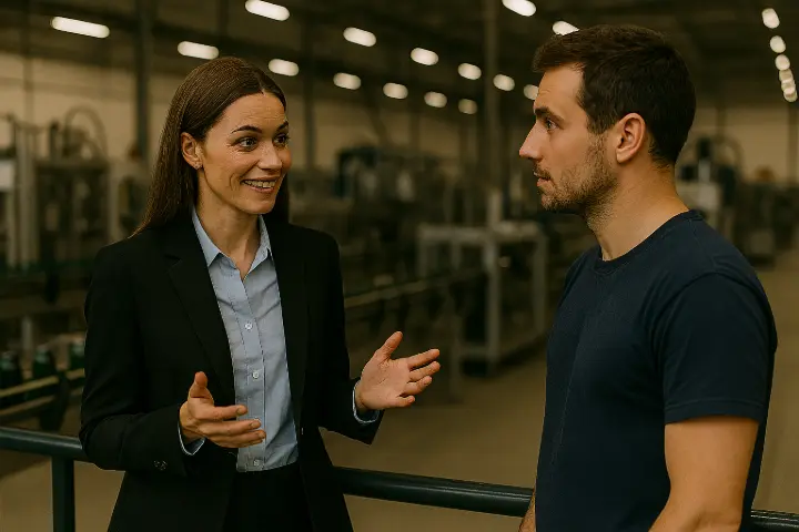 HR manager talking to an employee in a production facility – applying Lean2S monitoring in human resources management.