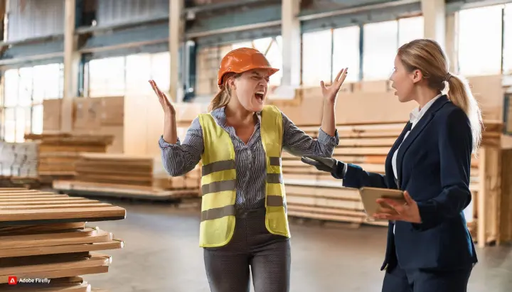 Manager talking to employee – emotional discussion about production issues