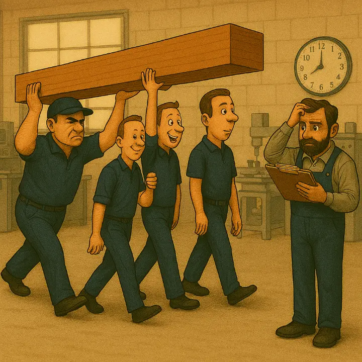 Four employees carrying a plank – illustration of team efficiency