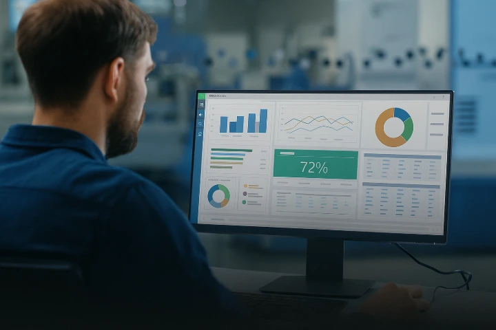 Darbuotojas žiūri į kompiuterio ekraną su Lean2S rodikliais ir realaus laiko gamybos duomenimis