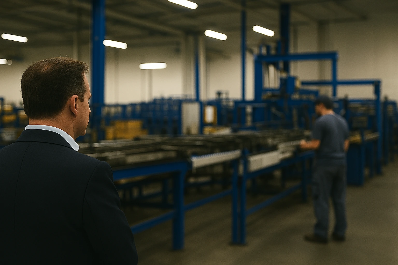 Vadovas stebi gamybos procesą ceche, vertindamas įrangos veikimą