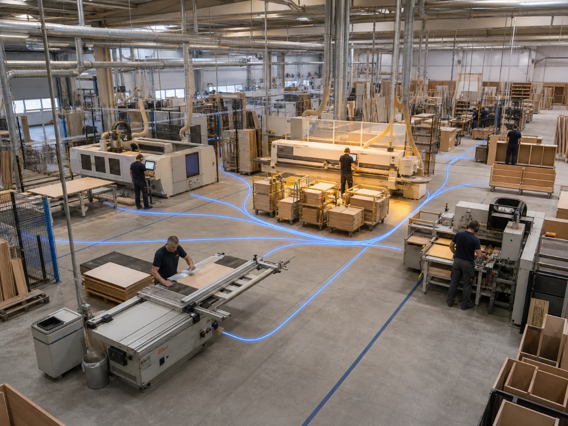 Manufacturing processes and flow in a furniture factory
